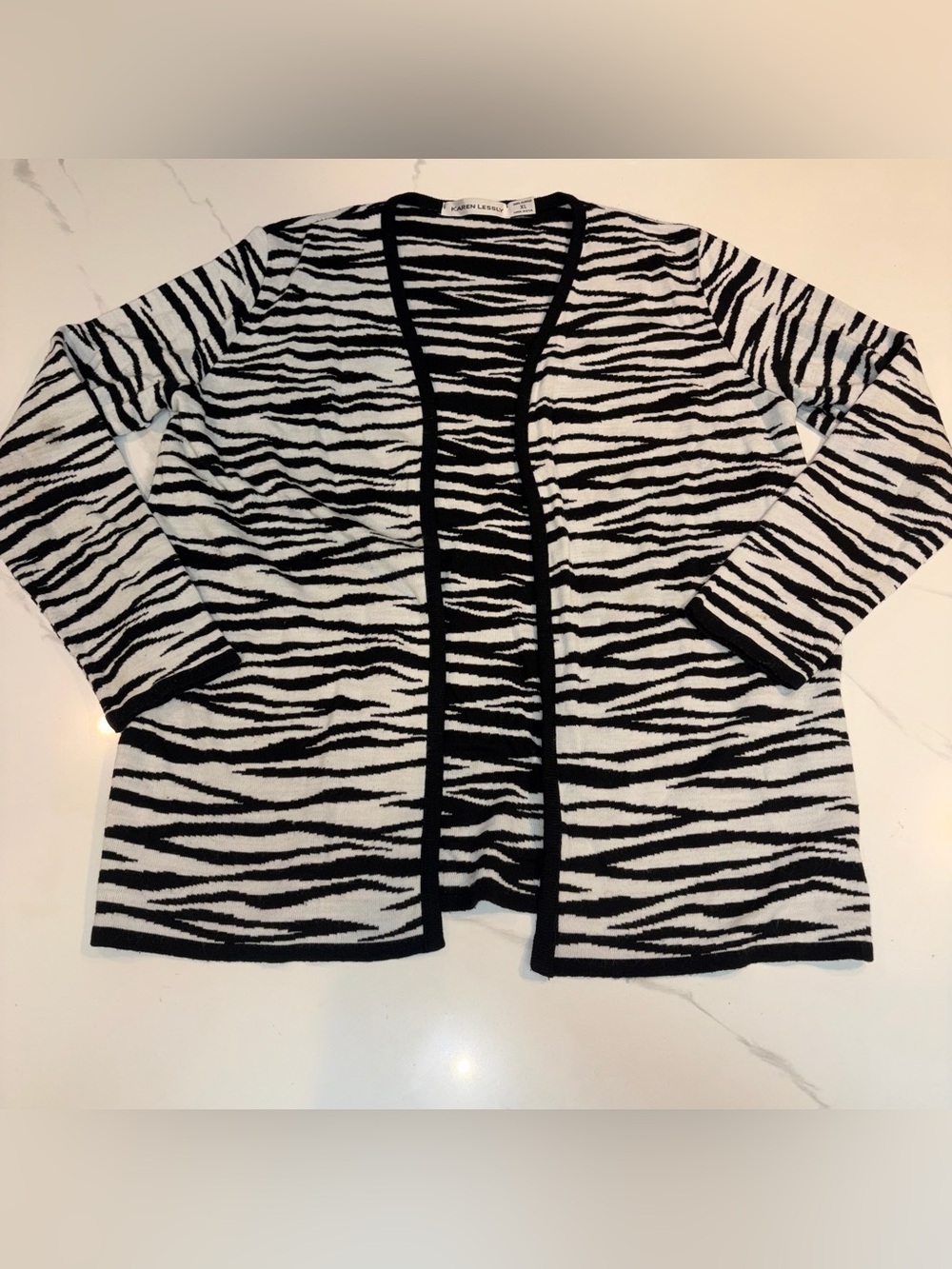 Karen Lessly Zebra Black & White Open Front Cardigan Sweater XL